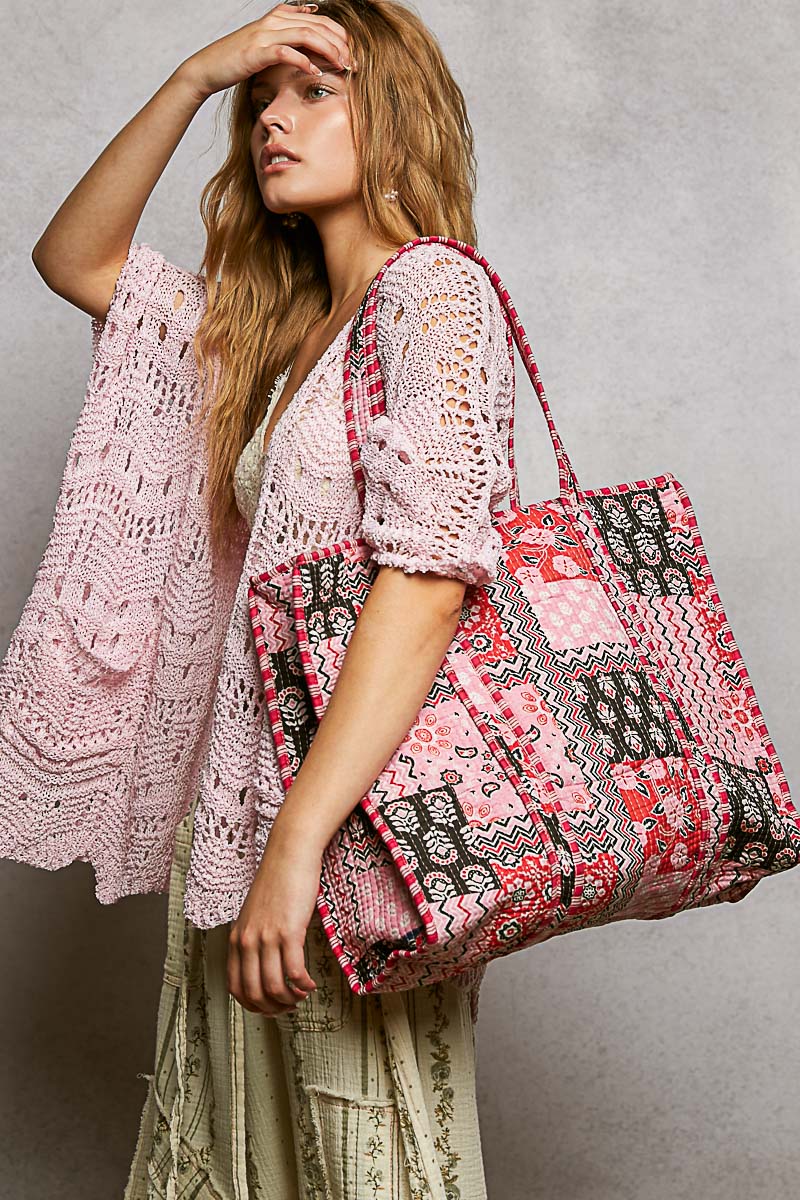 P50 POL Pink Kantha quilted patchwork floral embroidered XL boho tote bag