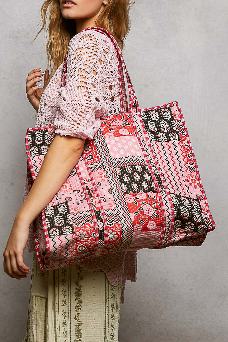 P50 POL Pink Kantha quilted patchwork floral embroidered XL boho tote bag
