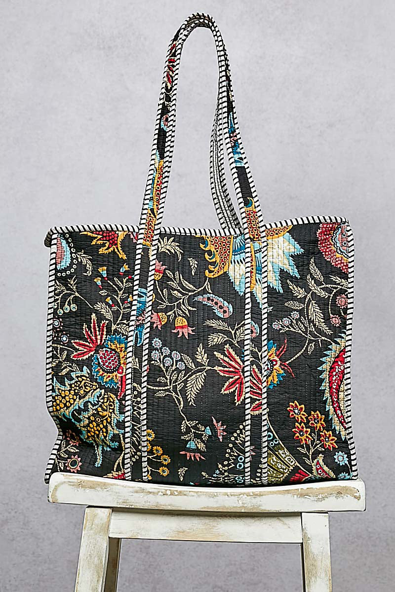 P47 POL Black Kantha quilted patchwork floral embroidered XL boho tote bag