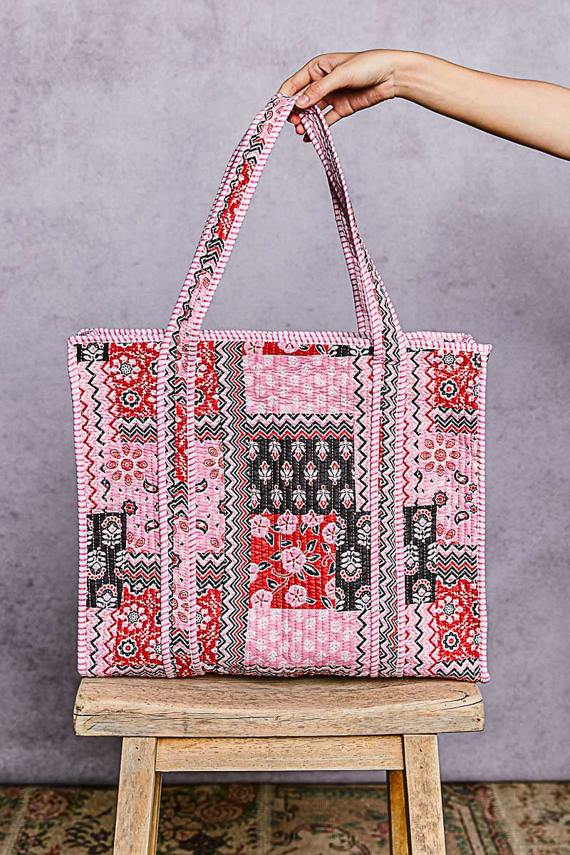 P50 POL Pink Kantha quilted patchwork floral embroidered XL boho tote bag