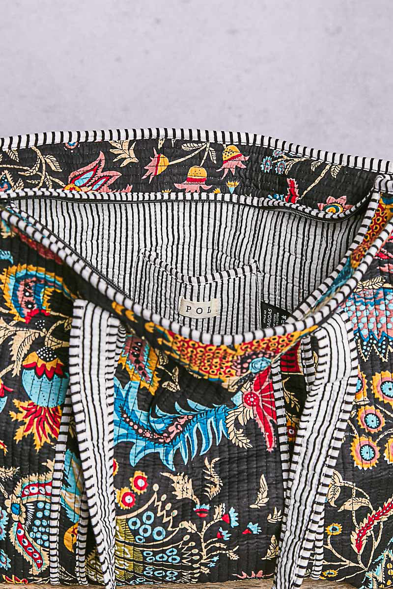 P47 POL Black Kantha quilted patchwork floral embroidered XL boho tote bag
