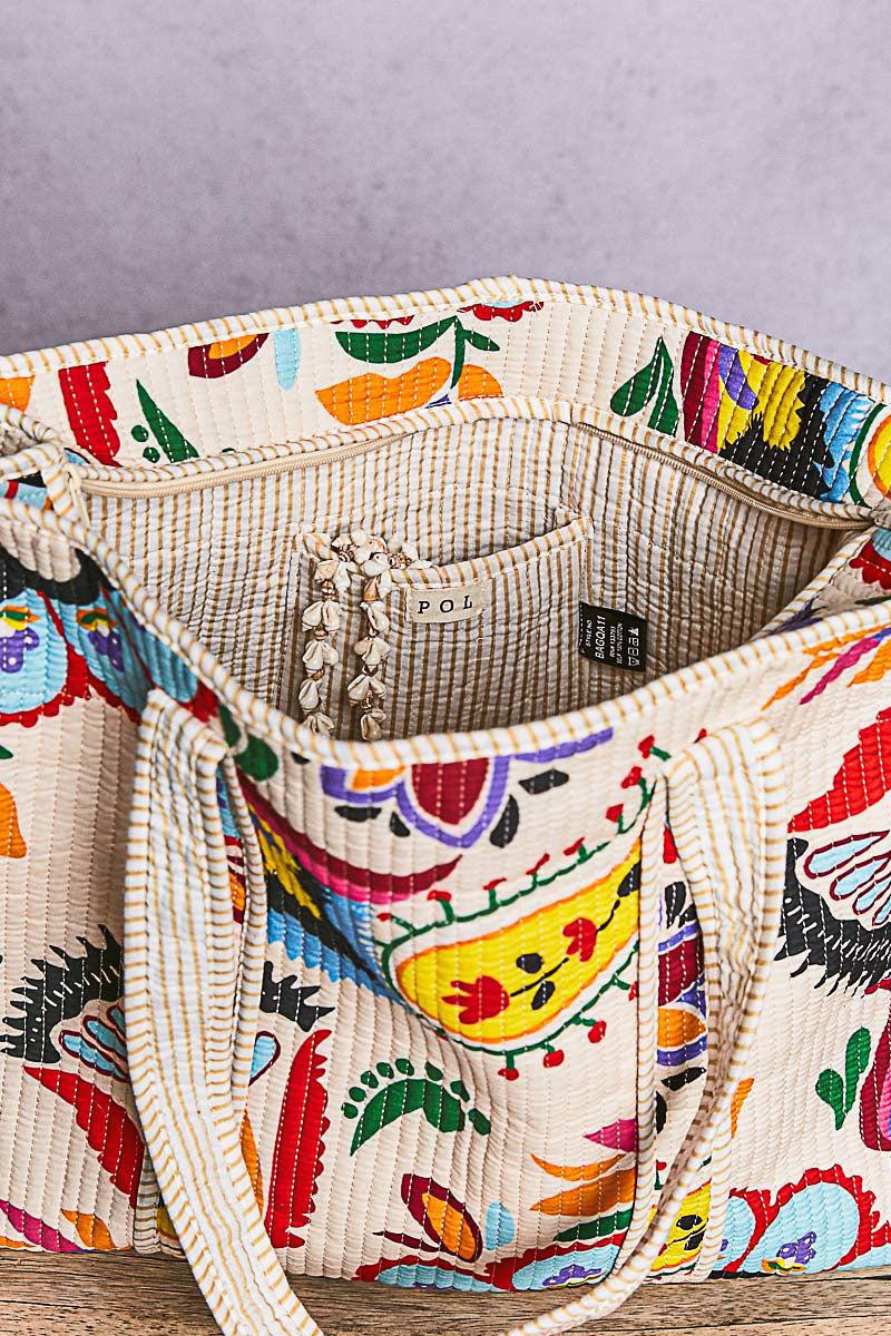 P49 POL Cream Kantha quilted patchwork floral embroidered XL boho tote bag