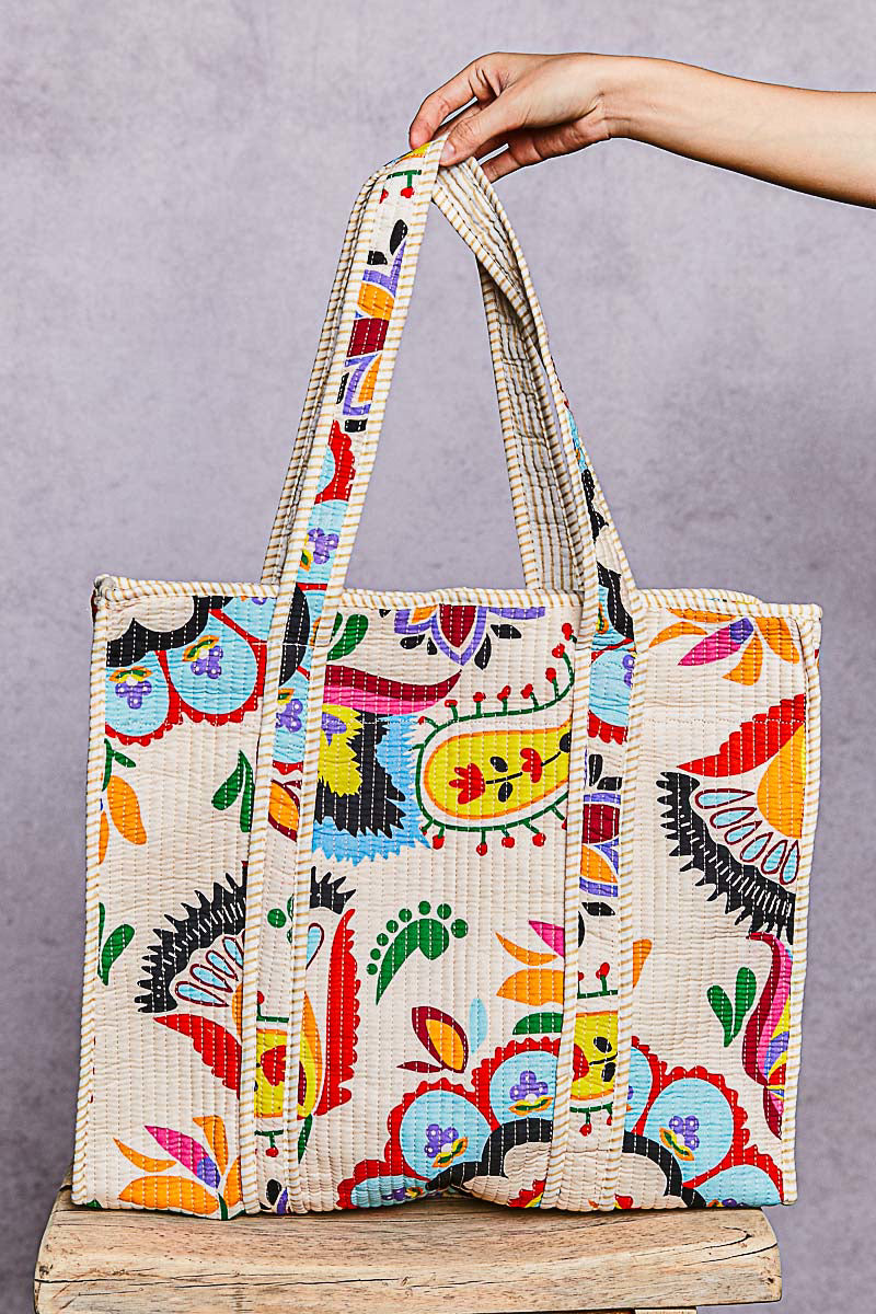 P49 POL Cream Kantha quilted patchwork floral embroidered XL boho tote bag