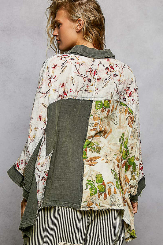 P53 POL Olive Artisan Peace Patchwork Shirt – Oversized
