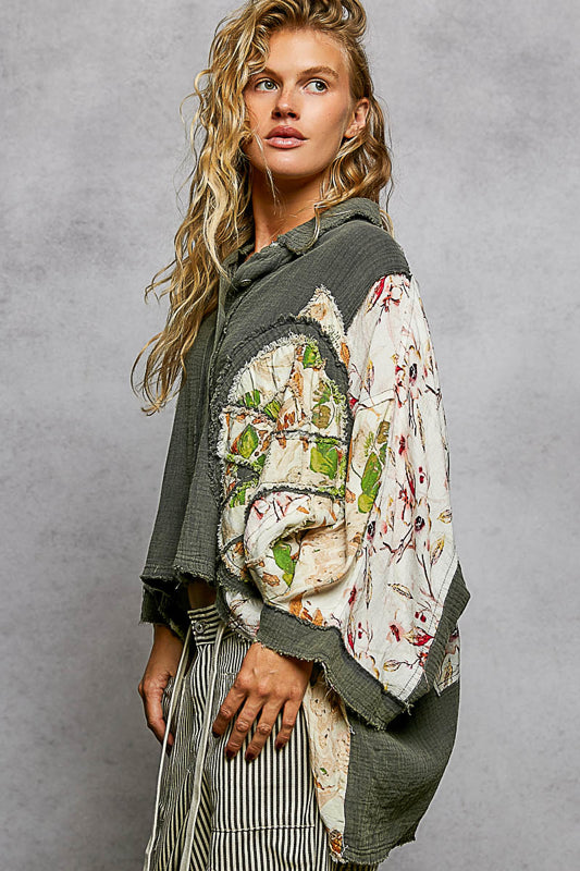 P53 POL Olive Artisan Peace Patchwork Shirt – Oversized