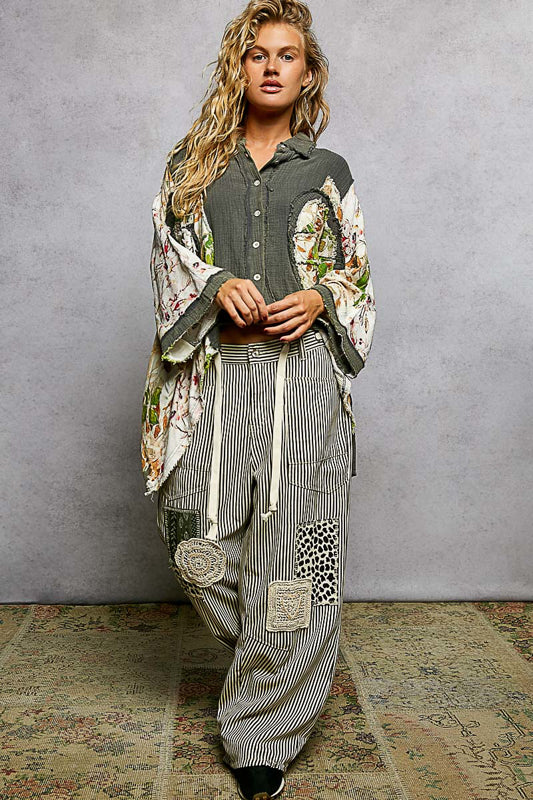 P53 POL Olive Artisan Peace Patchwork Shirt – Oversized