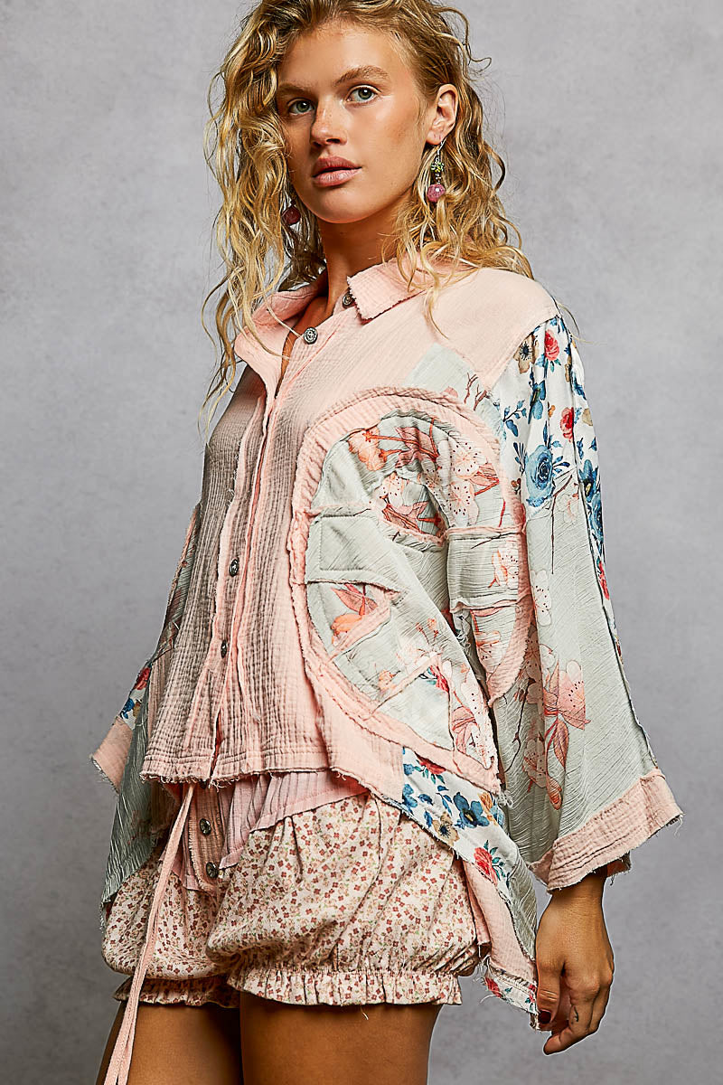 P49 POL Blush Garden Patchwork Shirt 100% Cotton Double Gauze Oversized Button-Up 🌸