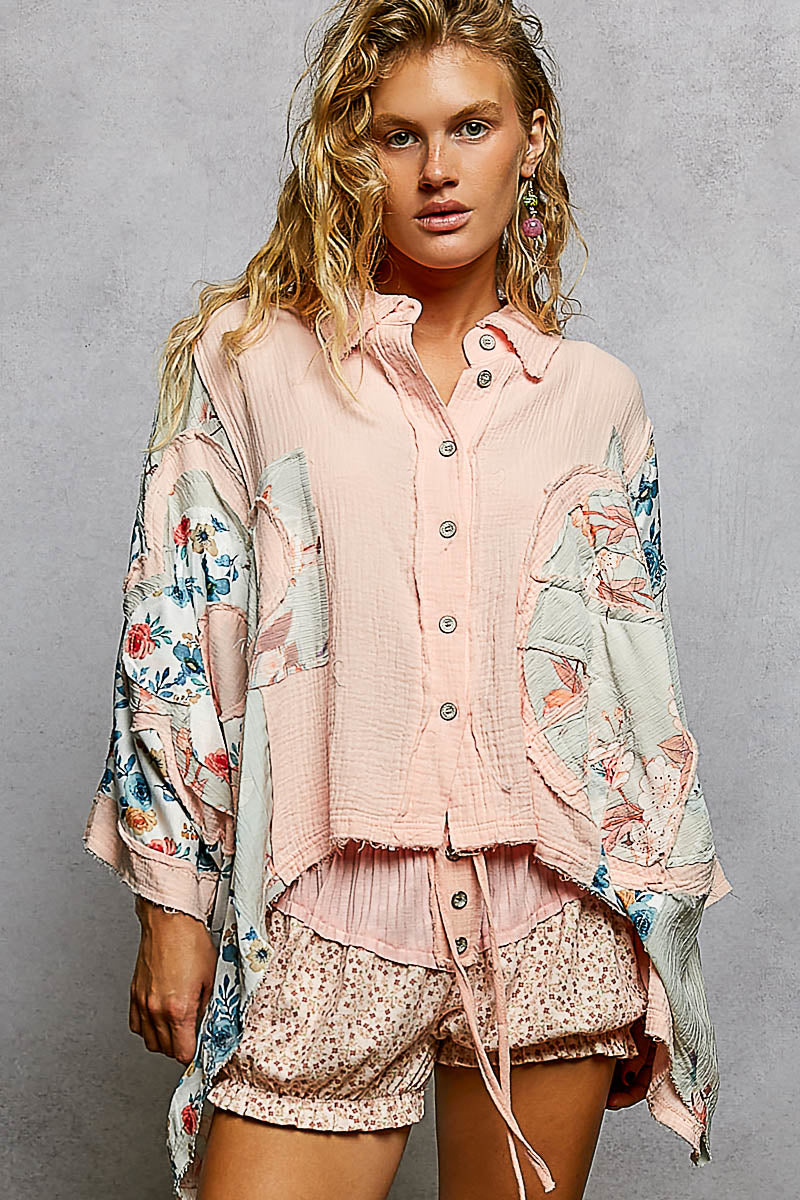 P49 POL Blush Garden Patchwork Shirt 100% Cotton Double Gauze Oversized Button-Up 🌸