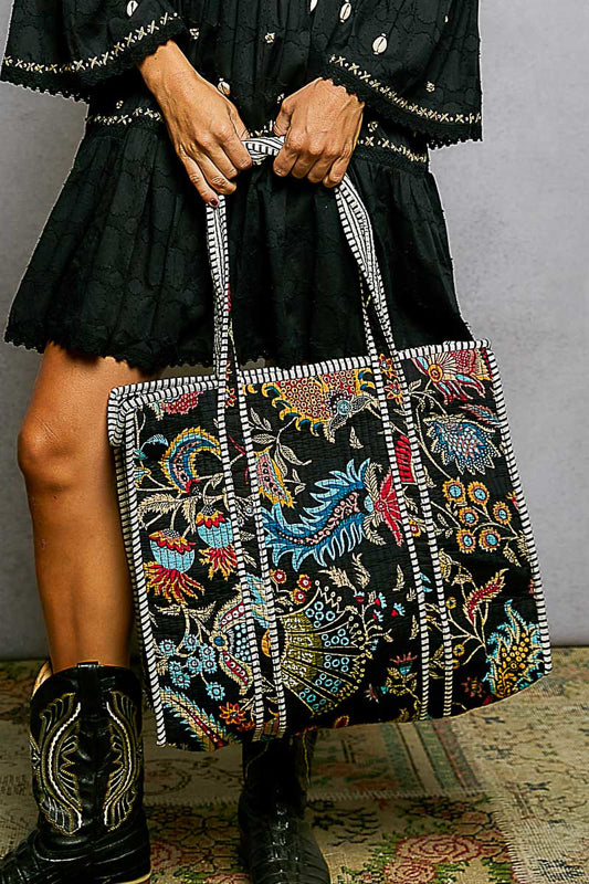 P47 POL Black Kantha quilted patchwork floral embroidered XL boho tote bag
