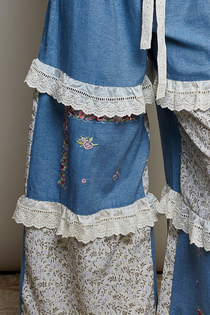 P51 POL Boho Patchwork Wide Leg Denim Pants