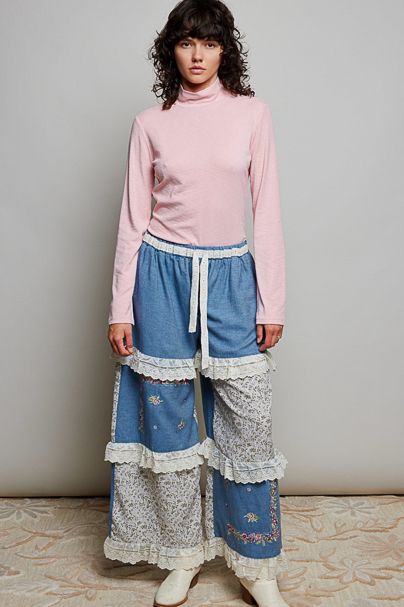 P51 POL Boho Patchwork Wide Leg Denim Pants