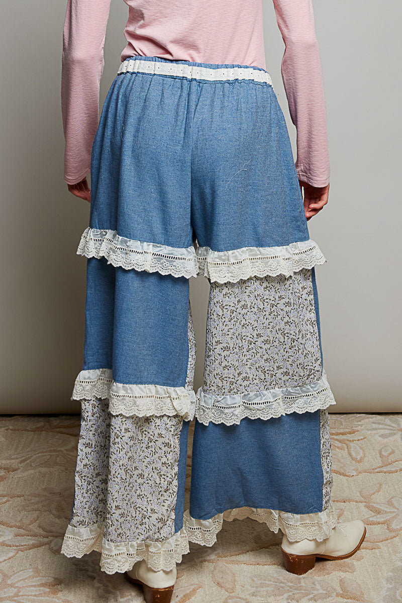 P51 POL Boho Patchwork Wide Leg Denim Pants