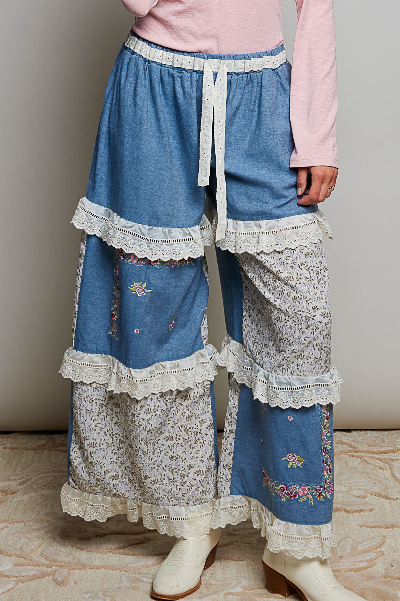 P51 POL Boho Patchwork Wide Leg Denim Pants