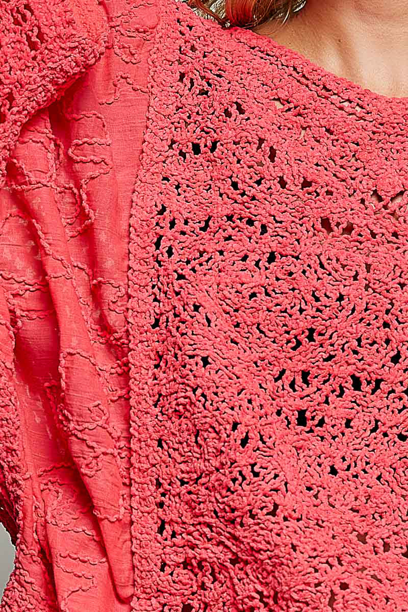 POL Apple Red Crochet Knit V-Neck Top with Embroidered Sheer Sleeves