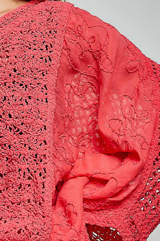 POL Apple Red Crochet Knit V-Neck Top with Embroidered Sheer Sleeves