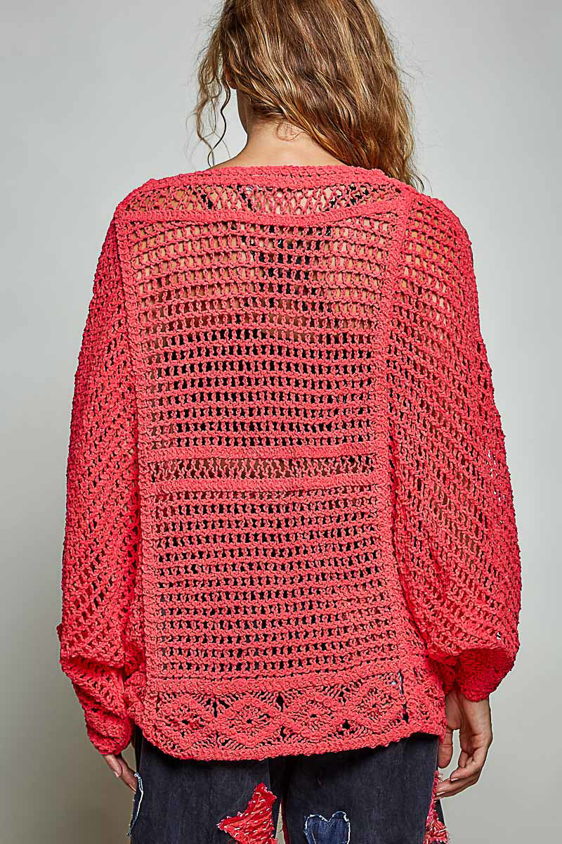 POL Apple Red Crochet Knit V-Neck Top with Embroidered Sheer Sleeves