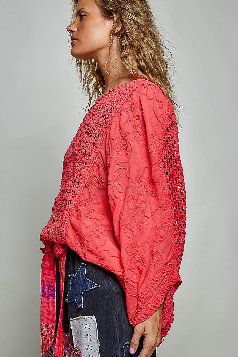 POL Apple Red Crochet Knit V-Neck Top with Embroidered Sheer Sleeves