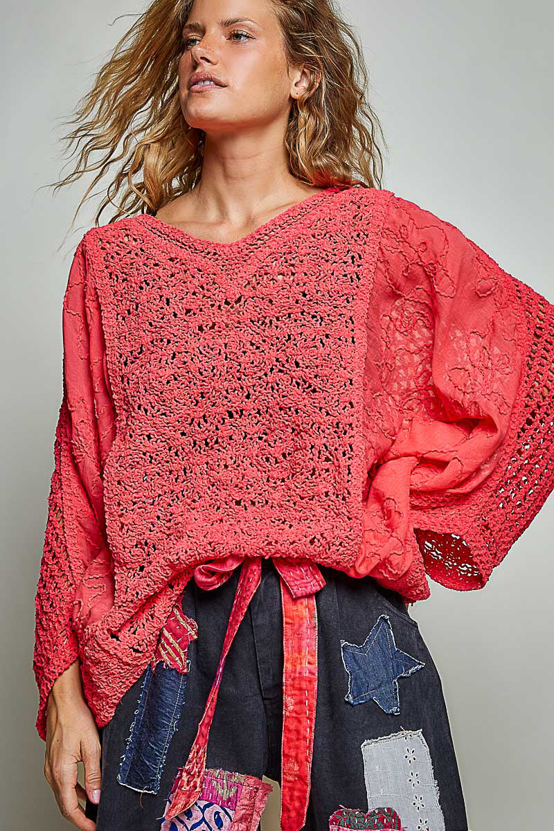 POL Apple Red Crochet Knit V-Neck Top with Embroidered Sheer Sleeves
