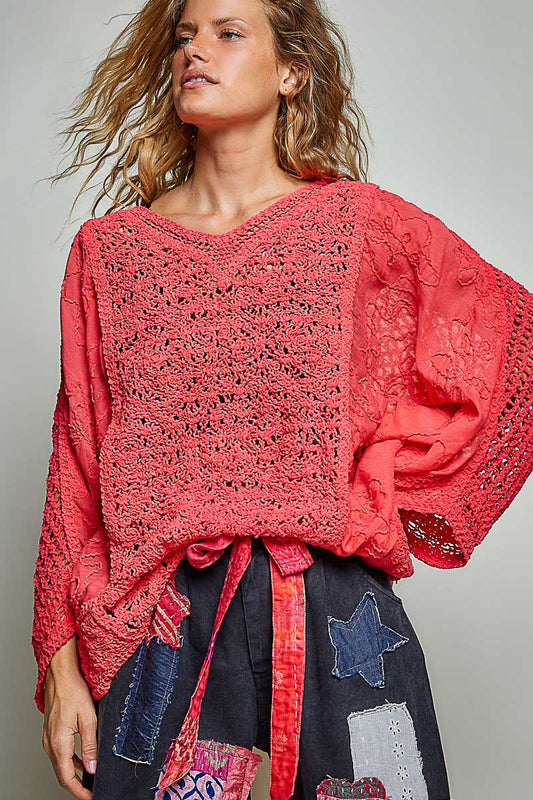 POL Apple Red Crochet Knit V-Neck Top with Embroidered Sheer Sleeves