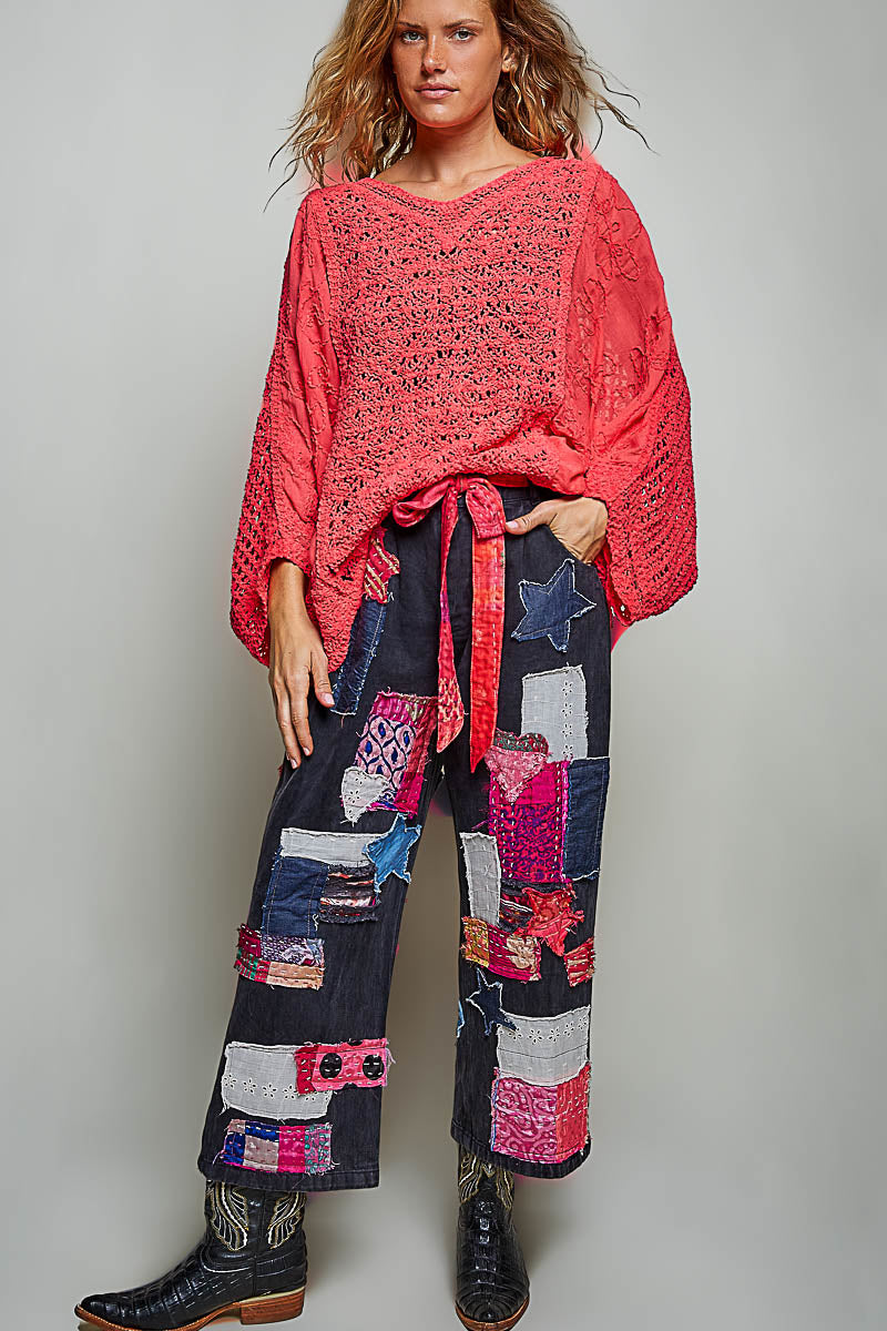 POL Apple Red Crochet Knit V-Neck Top with Embroidered Sheer Sleeves