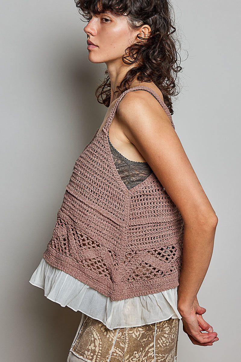 POL Crochet Openwork Lace Trim Relaxed Cropped Sleeveless Top Mocha