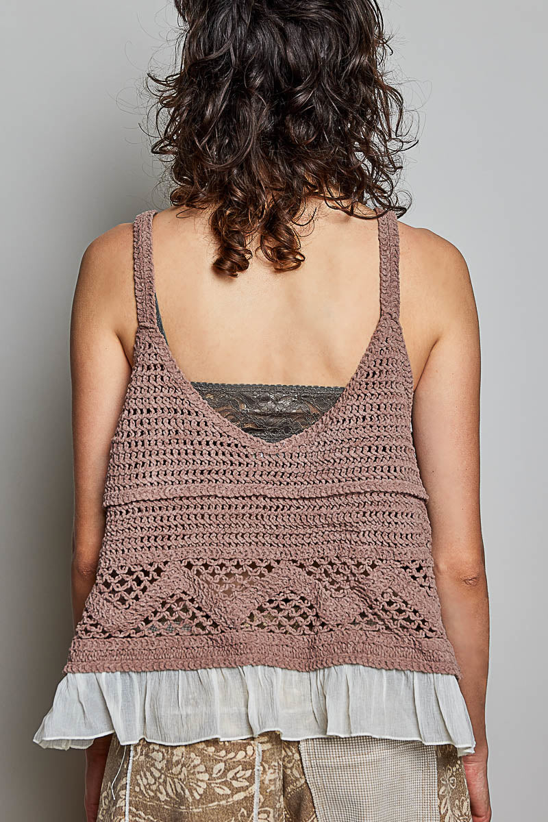 POL Crochet Openwork Lace Trim Relaxed Cropped Sleeveless Top Mocha
