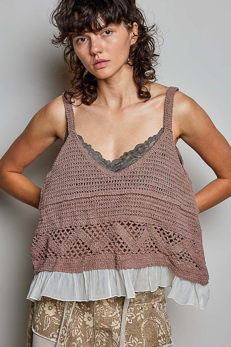 POL Crochet Openwork Lace Trim Relaxed Cropped Sleeveless Top Mocha