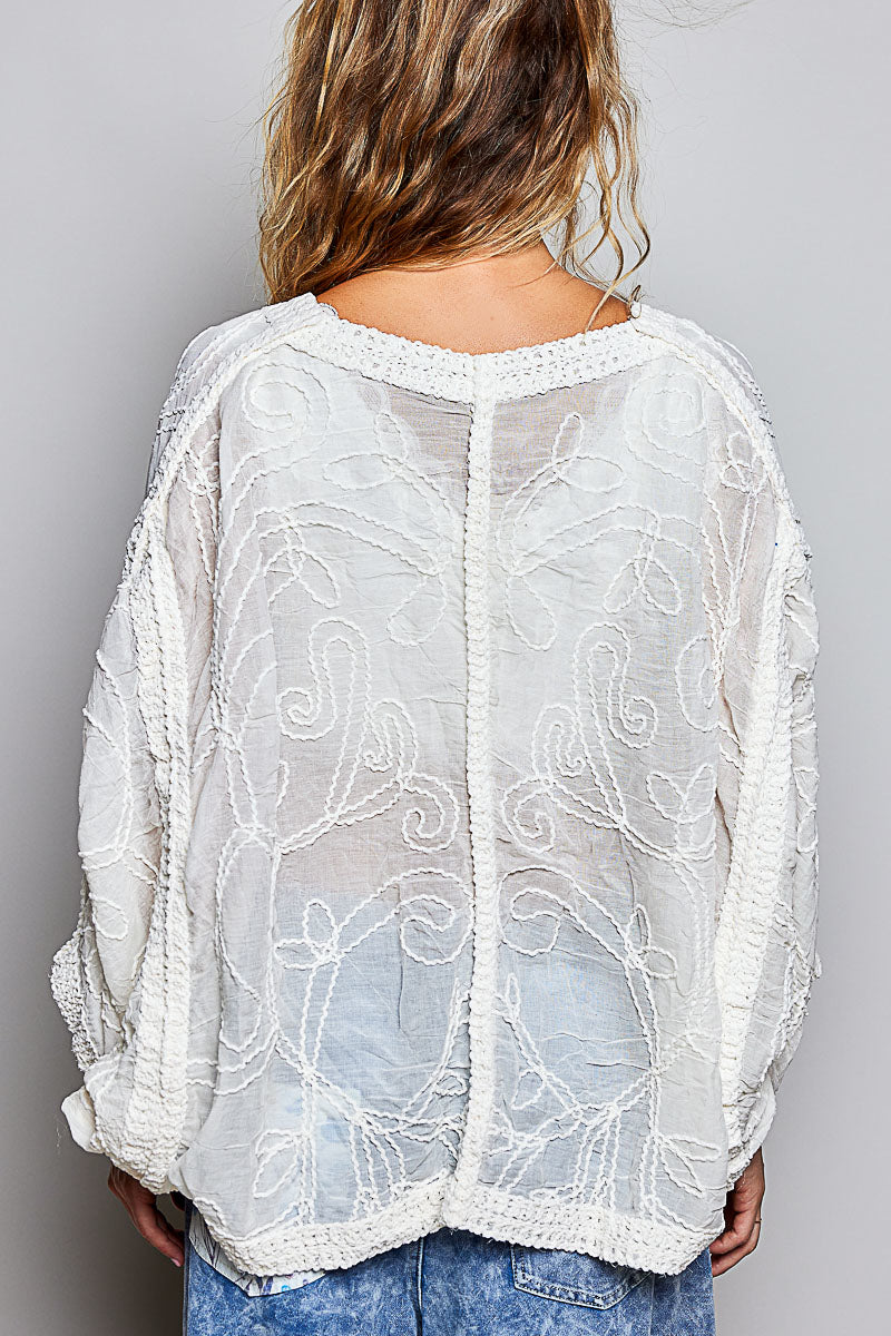 POL Plus Size Sheer Floral Crochet Cardigan with Embroidered Details