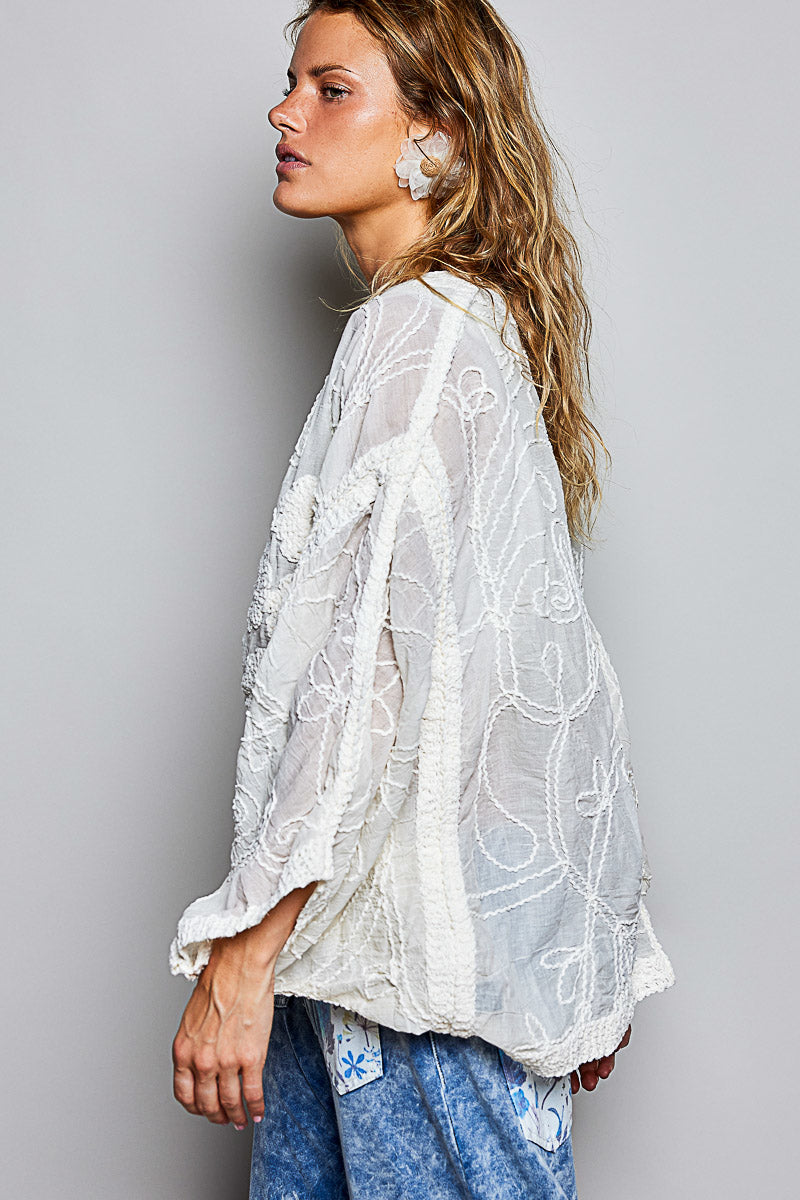 POL Plus Size Sheer Floral Crochet Cardigan with Embroidered Details