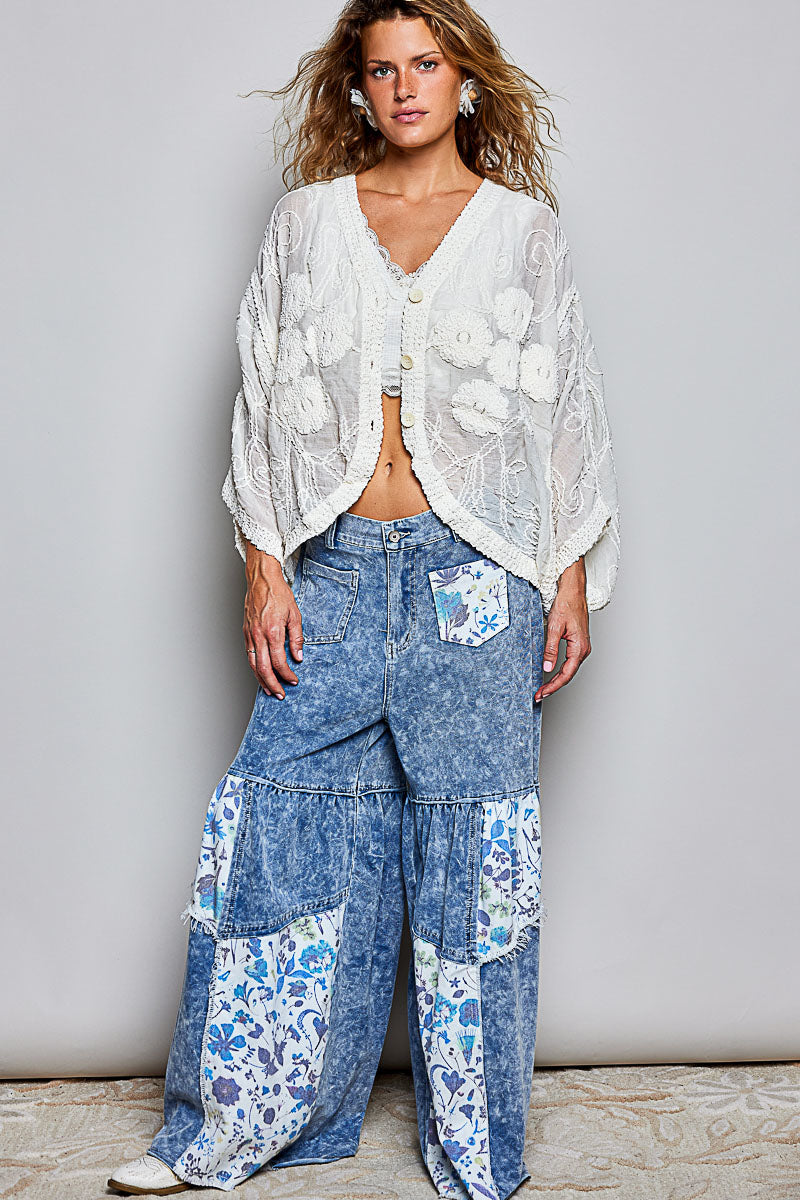 POL Plus Size Sheer Floral Crochet Cardigan with Embroidered Details