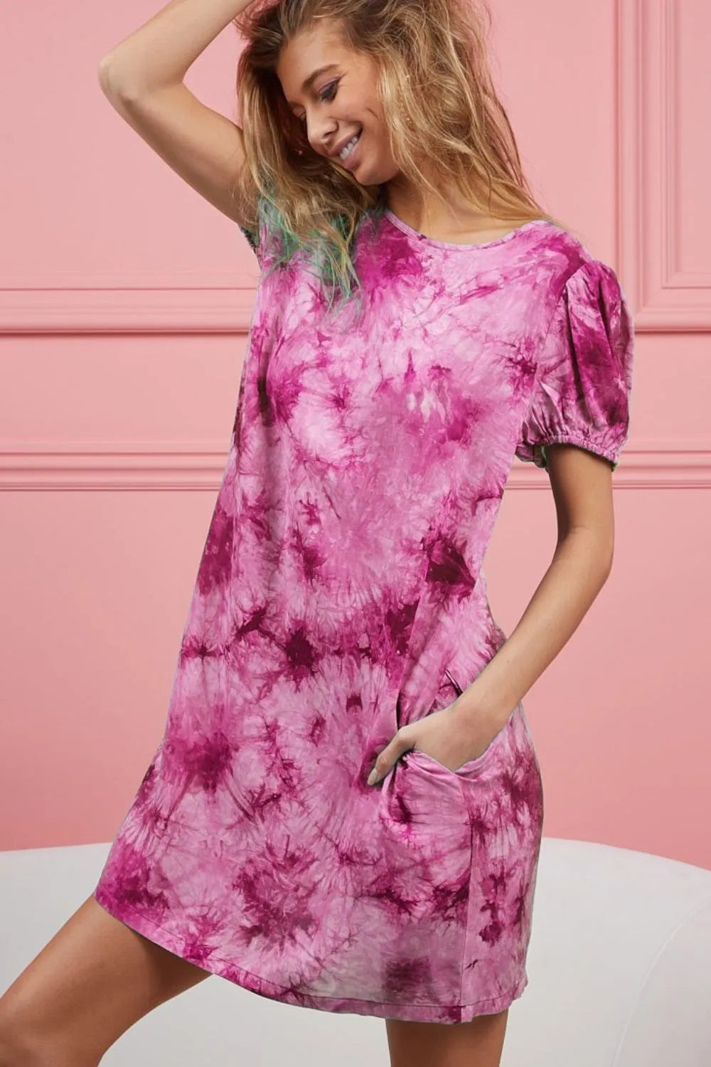 BiBi Puff Sleeve With Side Pockets Tie Dye Dress