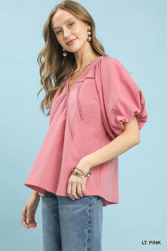Umgee Lace Inset Puff Sleeve Boho Blouse