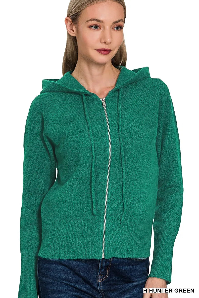 Zenana Drawstring Zip Up Hooded Cardigan