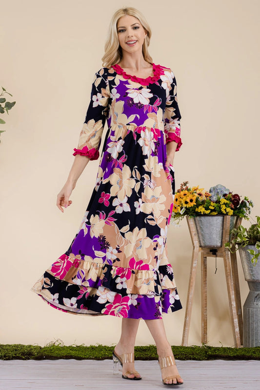 C1 Celest Floral Ruffle Midi-Dress with 3/4 Sleeves Plus Size
