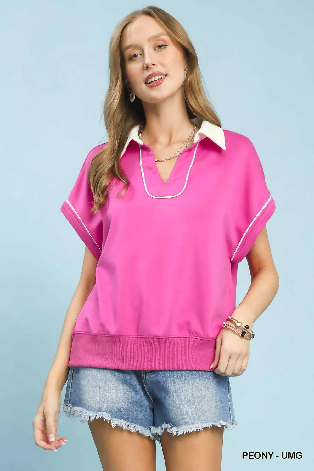 Umgee Contrast Collar Soft Knit Polo Top