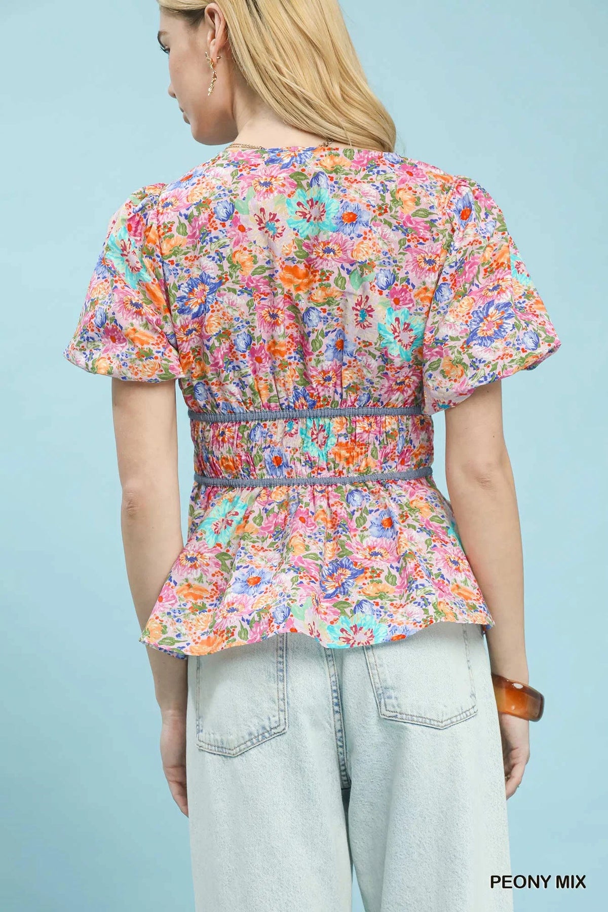Umgee Mix Floral Smocked Waist Blouse