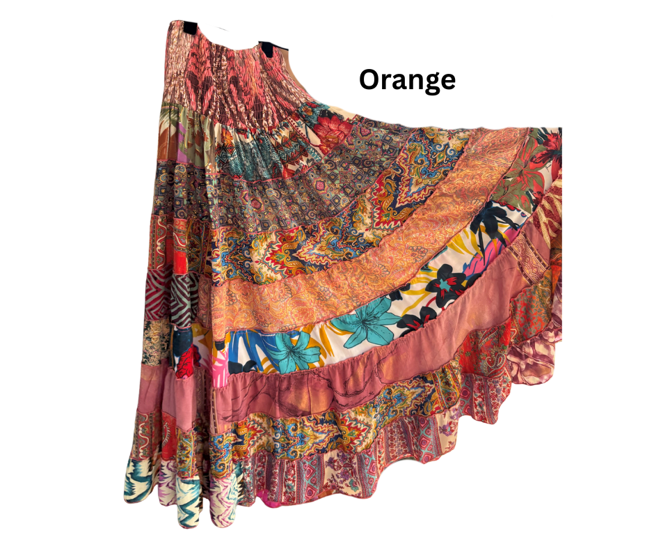KH1 Karma Highway Bright Multicolor Patchwork Tiered Boho Maxi Skirt Pull on Smocked Waist Plus Size