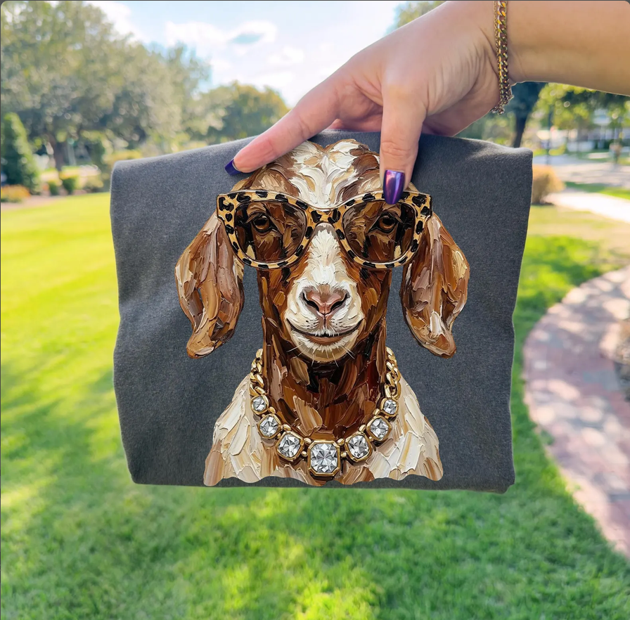 Glam Goat Show Tee - Goat with oversized leopard glasses and a statement jewel necklace