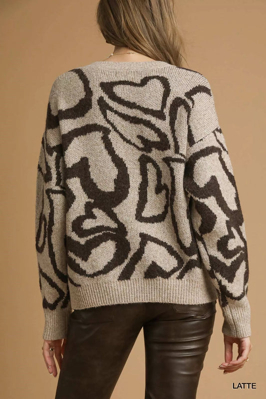 Umgee Heart Print Crew Neck Sweater
