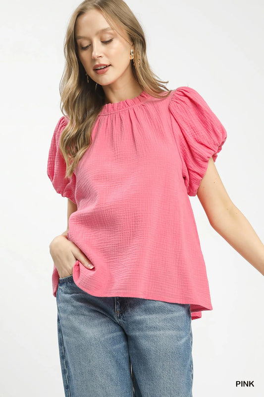 Umgee Textured Gauze Ruffle Neck Boho Top