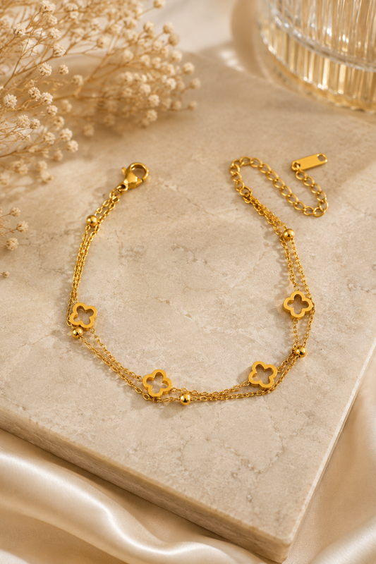 18K Gold Double Chain Clover Charm Bracelet by Josslyn