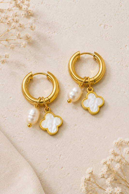 18K Gold Clover Pearl Huggie Hoop Earrings by Josslyn