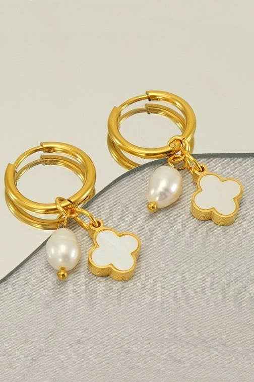 18K Gold Clover Pearl Huggie Hoop Earrings by Josslyn