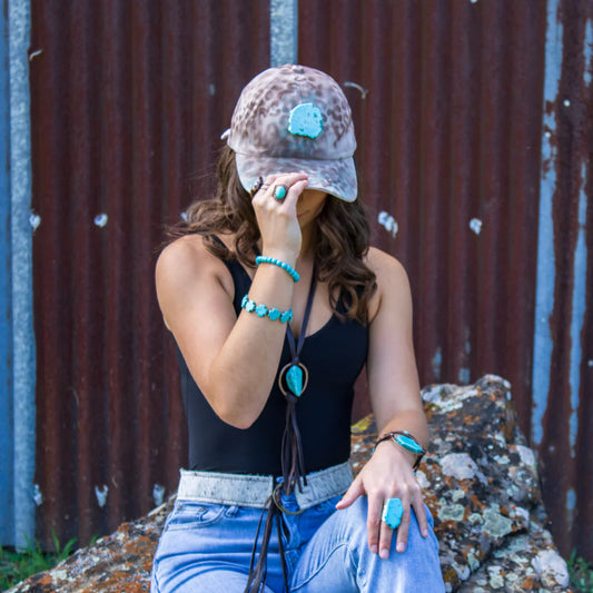 JJH1T Hand-Painted Leopard Suede Baseball Cap w/ Turquoise-Ivory