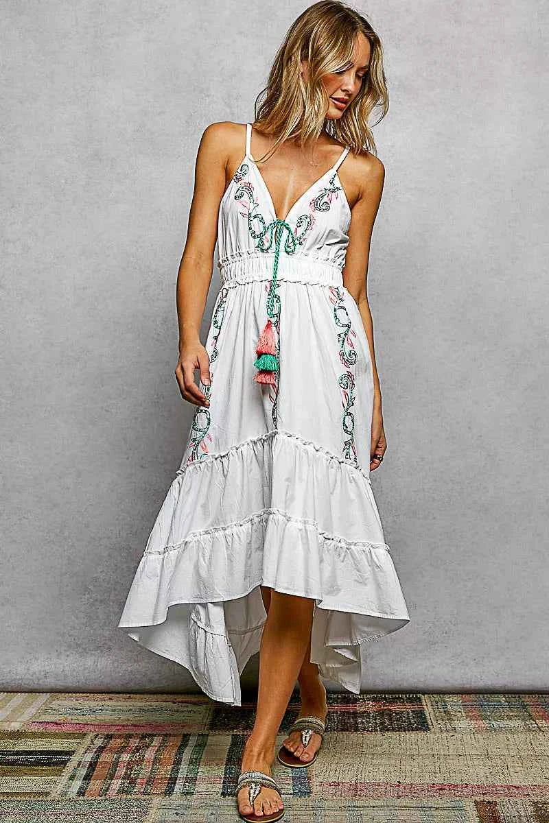 Ivory Embroidered Tassel Tie Smocked Waist Midi Tiered Cami Dress |POL