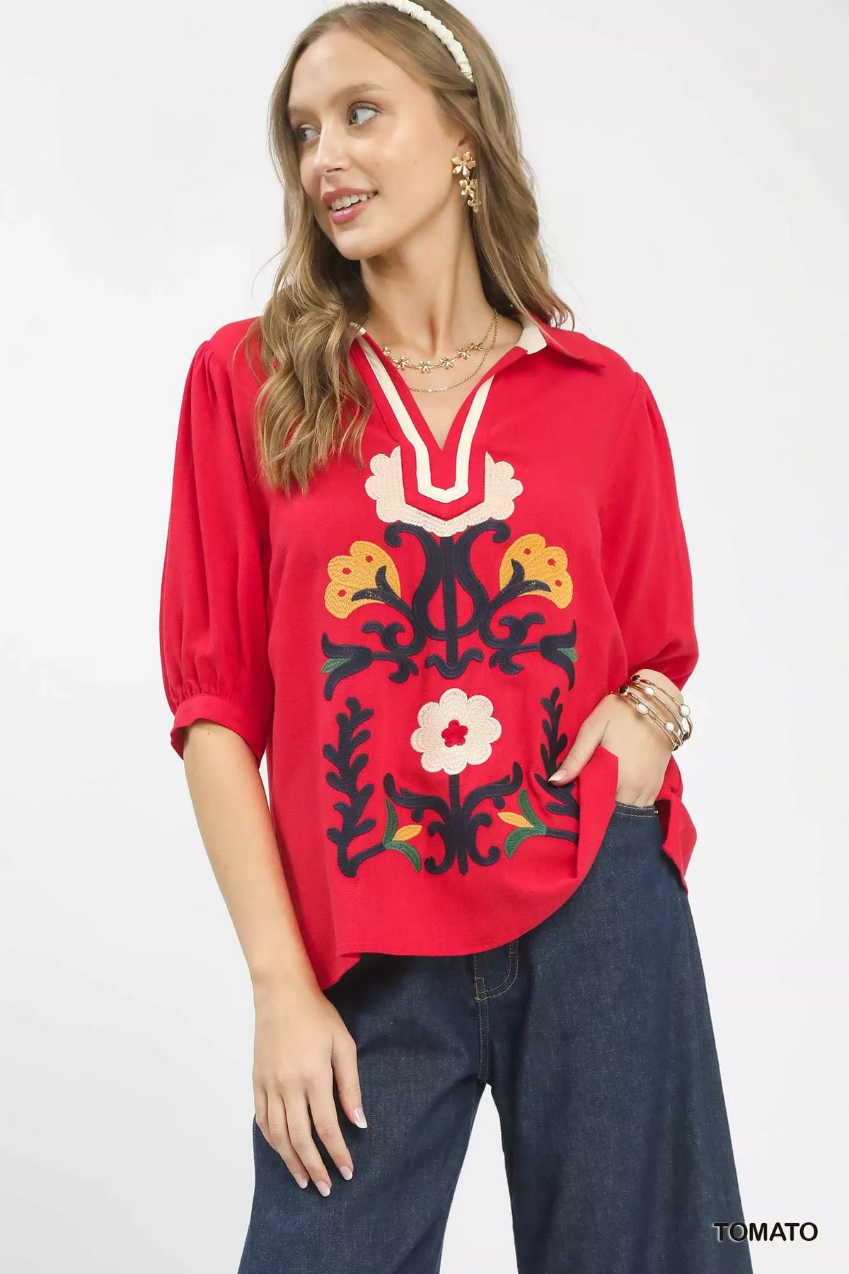 Umgee Mixed Media V-Neck Print Blouse