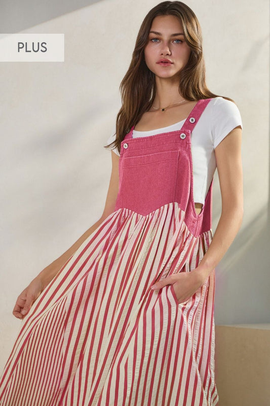 O5 Oddi Colored Denim and Striped Overall Dress in Washed Hot Pink Plus