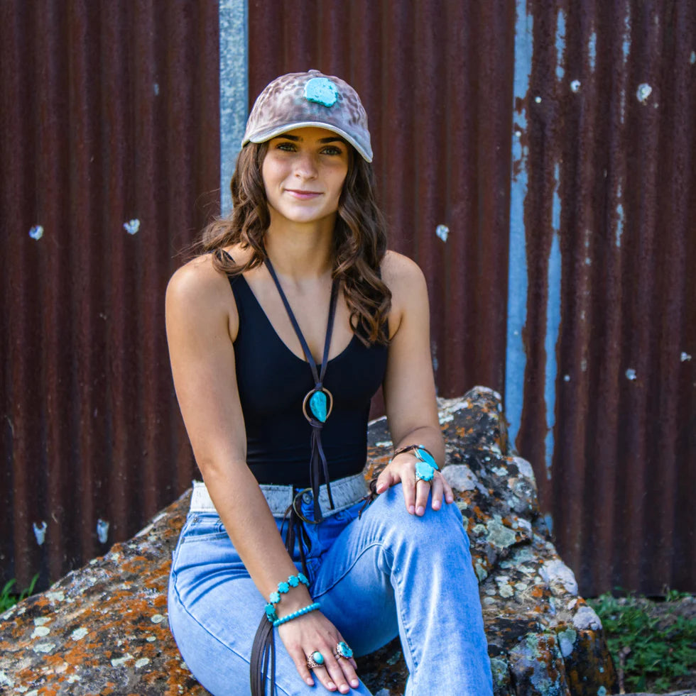 JJH1T Hand-Painted Leopard Suede Baseball Cap w/ Turquoise-Ivory