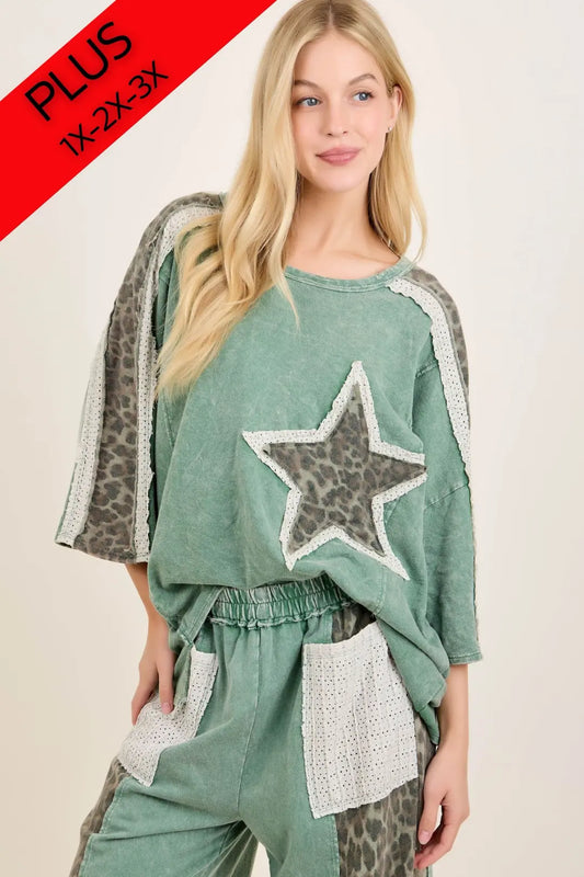 J11 J Her Plus Size Mineral Washed Leopard Star Patch Top