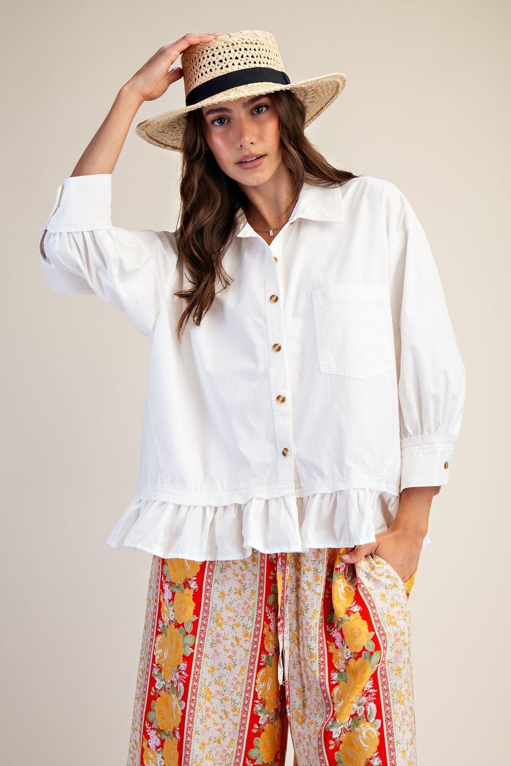 E11 Easel White Ruffle Button Up